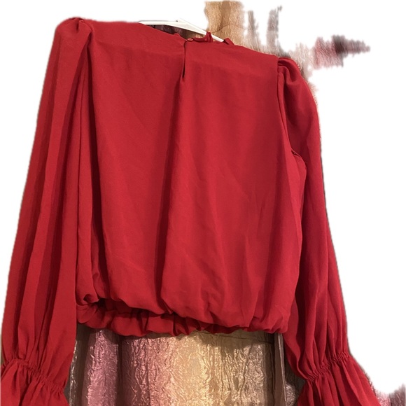 Ruby Red Ruffle-Sleeved Rhinestone Blouse - Picture 2 of 8